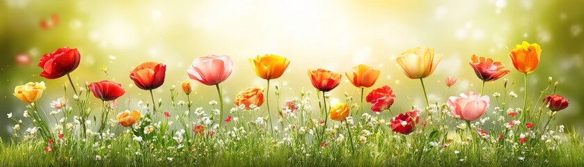 Obraz premium A vibrant field of colorful flowers under soft sunlight, creating a serene atmosphere.