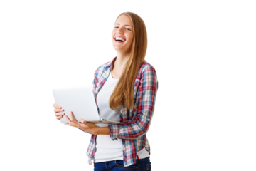 Smiling woman with long hair holding a tablet, wearing casual clothes, isolated on white background. Concept of technology and joy