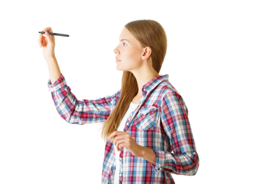 Woman in plaid shirt writing with digital pen, side view, isolated on white background, concept of creativity and technology use