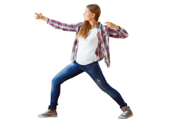 Woman in casual attire striking a dynamic pose on a white background, symbolizing energy and freedom of movement