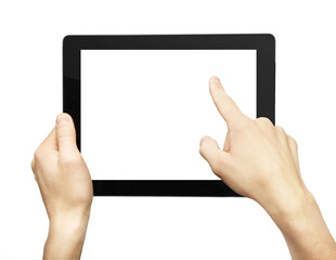 Hands holding a tablet with a blank screen, finger pointing, isolated on a white background. Concept of touchscreen technology