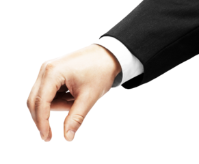 A closeup image of a hand in a suit, isolated on a white background. Represents professionalism and business concepts