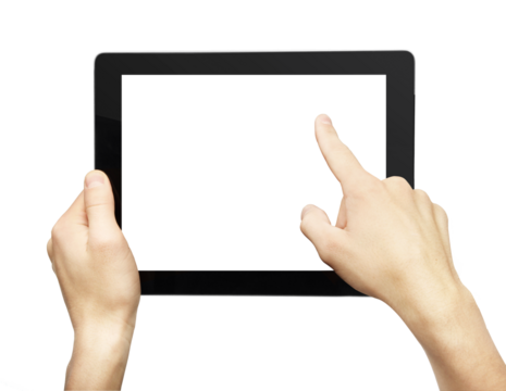 Hands holding a tablet with a blank screen, finger pointing, isolated on a white background. Concept of touchscreen technology