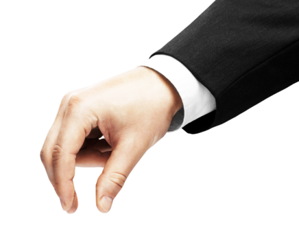 A closeup image of a hand in a suit, isolated on a white background. Represents professionalism and business concepts
