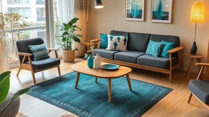 A living room with beige walls, dark gray furniture, and teal blue cushions. Light wood furniture complements the neutral palette, while teal adds a playful pop of color