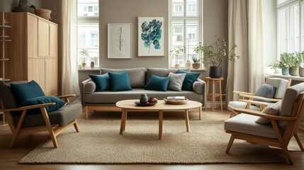 A living room with beige walls, dark gray furniture, and teal blue cushions