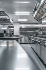 Obraz premium A sleek, modern commercial kitchen featuring stainless steel appliances, professional equipment, and bright overhead lighting.