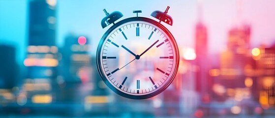 Abstract clock face overlaid on blurred cityscape backdrop