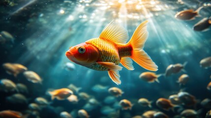 Fototapeta premium Vibrant Goldfish Swimming Gracefully in Sunlit Aquarium with Other Fish in Background