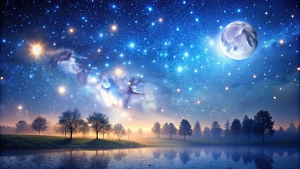 Naklejka premium An ethereal starry landscape with twinkling stars and a glowing moonlit sky, ethereal beauty, starry night, shimmering light, astronomy