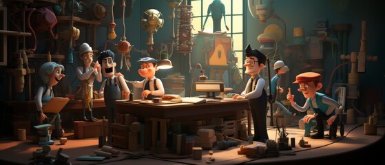 Creative Inventors in Cartoon Workshop Scene