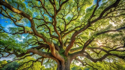 An old oak tree with a sprawling canopy and branches stretching towards the sky, sunlight filtering, peaceful