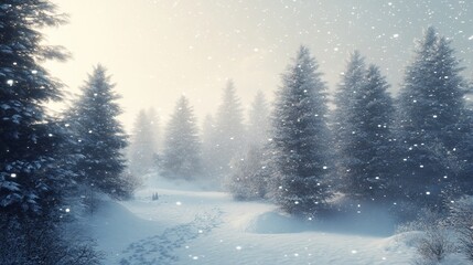 Fototapeta premium A snowy path winds through a serene winter forest, sunlight filtering through the trees.