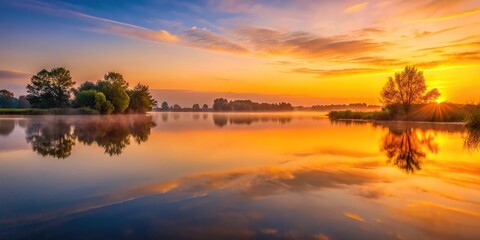 Obraz premium A peaceful lake reflected the warm hues of a sunrise, creating a sense of tranquility and calm, morning, natural