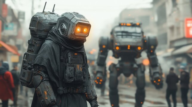 A futuristic market with a robot and a mech in a busy urban setting