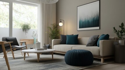 A living room with beige walls, dark gray cushions, and teal blue decor accents