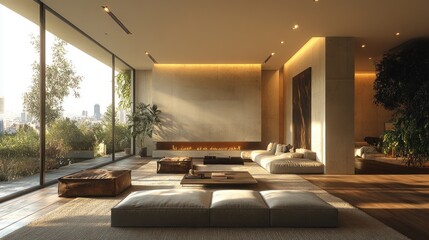 Fototapeta premium Modern, spacious living area with natural light and minimalist decor.