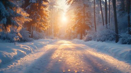 Snowy Forest Path with Golden Sunset Light - Realistic Photo