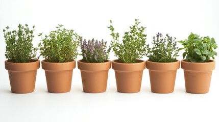 A row of six terracotta pots with various herbs, showcasing greenery and gardening.