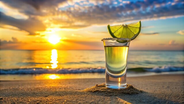 A salt-rimmed glass filled with a tangy, citrusy liquid containing tequila, lime juice and triple sec, garnished with a slice of lime on a beach at sunset, salt rim, tropical drink