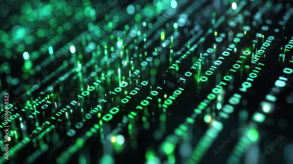 Poster computer screen with binary numbers highlighted as they move rapidly,