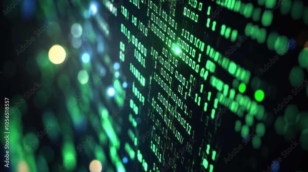 Poster computer screen with binary numbers highlighted as they move rapidly,