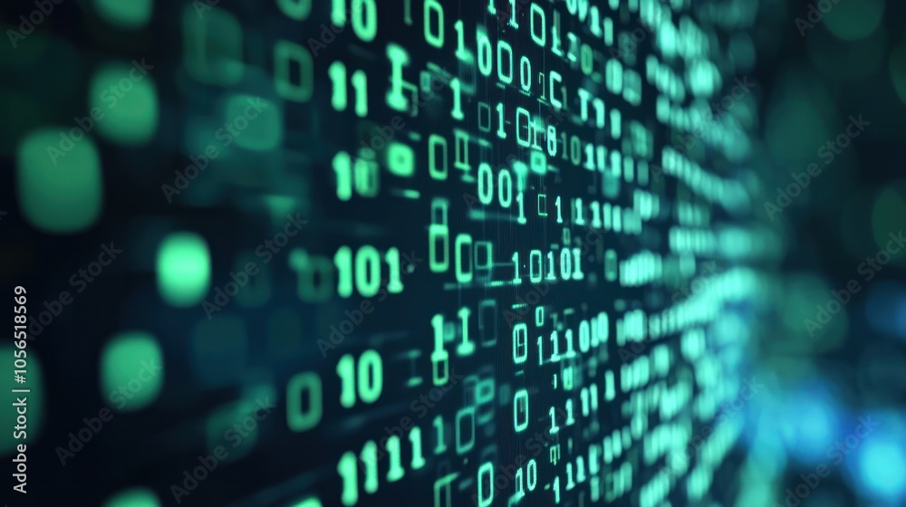 Poster computer screen with binary numbers highlighted as they move rapidly,