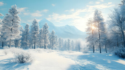Obraz premium Snowy Forest Landscape with Mountain Background - 3D Illustration