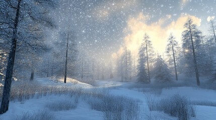 Fototapeta premium A snowy forest with a soft golden light shining through the trees.