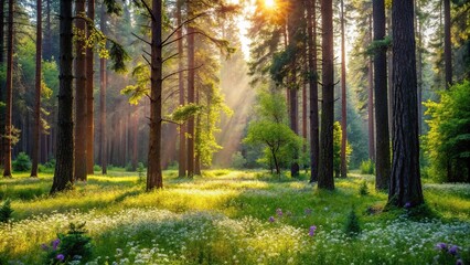 Obraz premium A serene forest glade, surrounded by tall trunks and underbrush, with a small clearing in the center filled with wildflowers, clearing, scenery