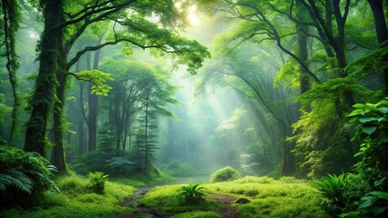 Fototapeta premium A serene forest landscape with a misty atmosphere and lush green foliage, forest, natural scenery, wilderness