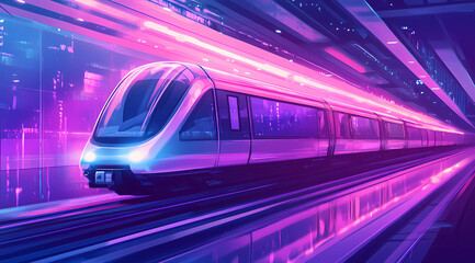 Fototapeta premium A Lo-Fi Monorail Gliding Through a Shimmering Sky: A Unique Vision of Future Transportation