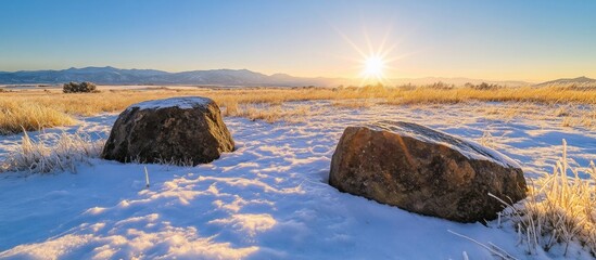 Sunrise Over Snowy Field with Rocks