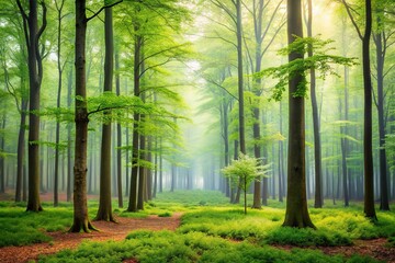 A serene landscape of a forest in the spring with tall trees and misty atmosphere, foggy, atmosphere, tranquility, branches, outdoors