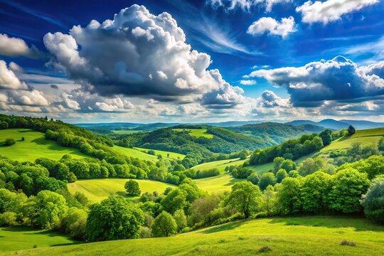 A serene landscape with a light blue sky and fluffy white clouds, set against a backdrop of lush green trees and rolling hills, landscape, peaceful, outdoors