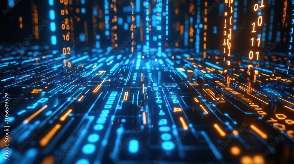 Poster computer screen with binary numbers highlighted as they move rapidly,