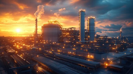 Industrial complex at sunset with smokestacks and glowing lights.