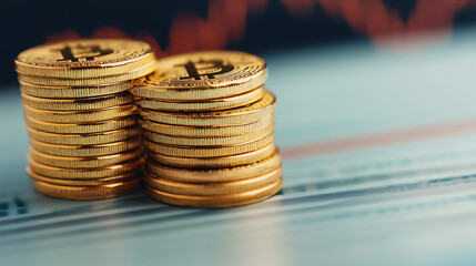 Close-up of stacked golden bitcoin coins on a stock market background with rising graph, symbolizing financial investment and digital currency.