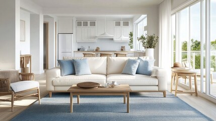 A sleek living room featuring white walls, a beige sofa, and sky blue throw pillows