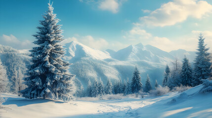 Snowy Mountain Landscape with Pine Trees - Illustration