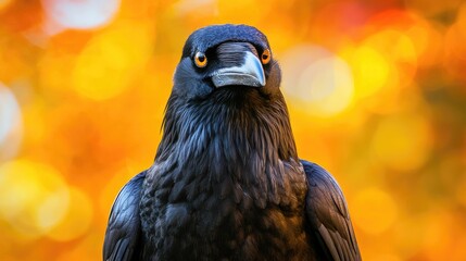 Fototapeta premium Close-up portrait of a griffon crow against a vibrant backdrop, showcasing the bird distinctive feathers and intense gaze.