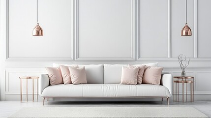 A sleek living room featuring white walls, a white leather sofa, and blush pink cushions