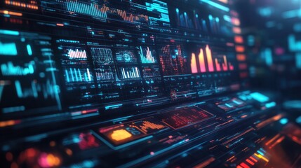 A futuristic digital interface displaying large amounts of data being processed,