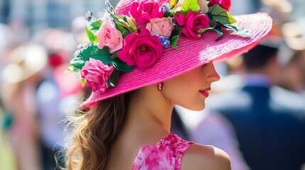 Obraz premium Horse racing fashion, woman wearing a fashionable colourful flower hat and fancy dress. Retro modern elegant sports event spring carnival, race track and horse background. Melbourne Cup in Australia.