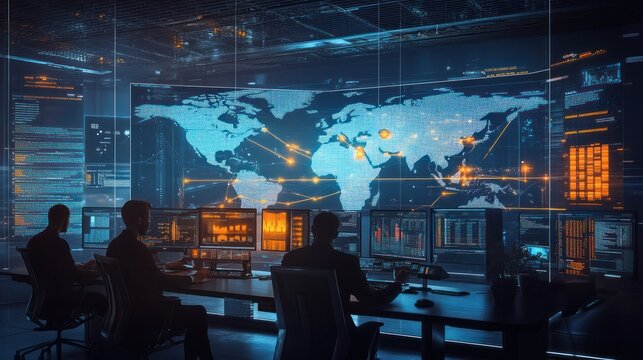 A futuristic digital interface displaying large amounts of data being processed,