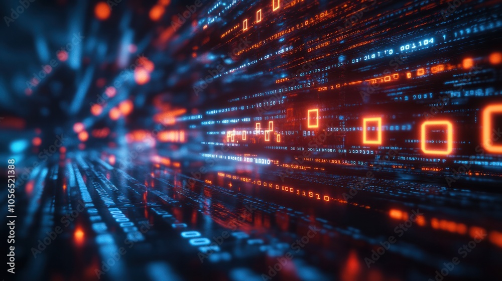 Poster computer screen with binary numbers highlighted as they move rapidly,