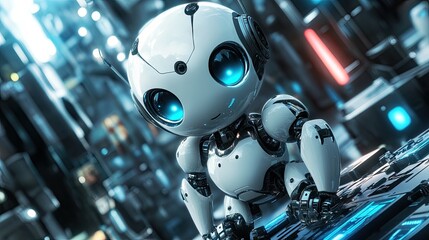 Fototapeta premium Cute anime robot with big, expressive eyes, set in a futuristic background.