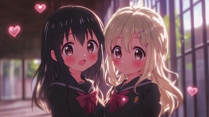 Cute anime schoolgirls, blushing and standing close, sharing a shy smile with hearts subtly glowing in the background.
