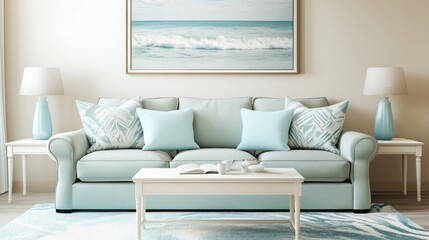 A sleek living room with cream walls, a mint green fabric sofa, and sky blue decor accents