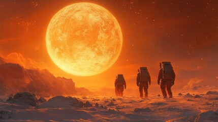 Fototapeta premium Astronauts exploring a distant planet under a bright orange sun